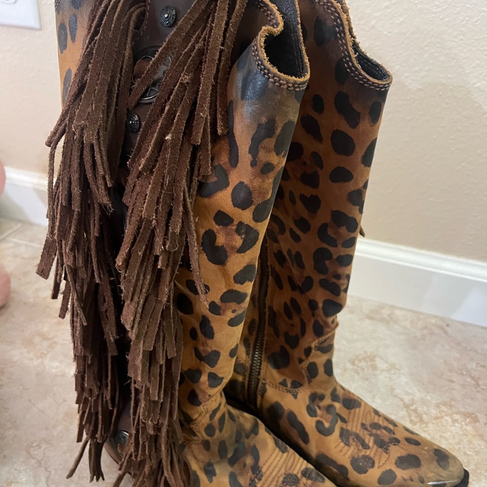 Leopard Print Fringe Ankle Boots